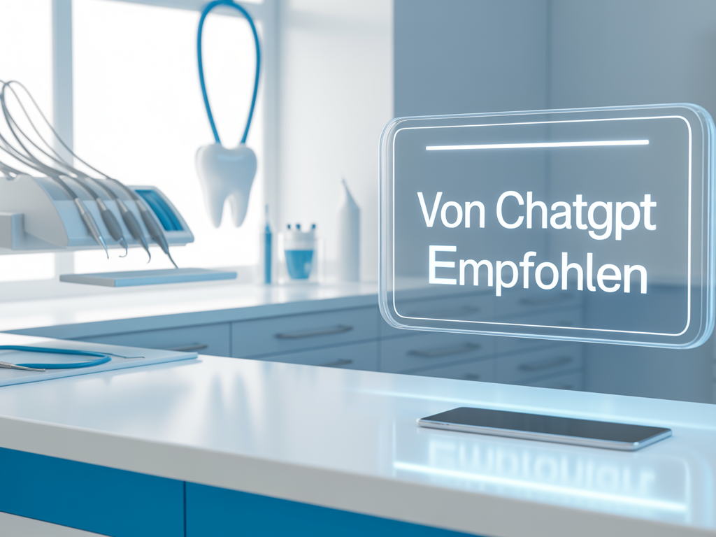 oderne Zahnarztpraxis mit holografischem Display und dem Text Von ChatGPT empfohlen als Symbol für lokale GEO-Sichtbarkeit