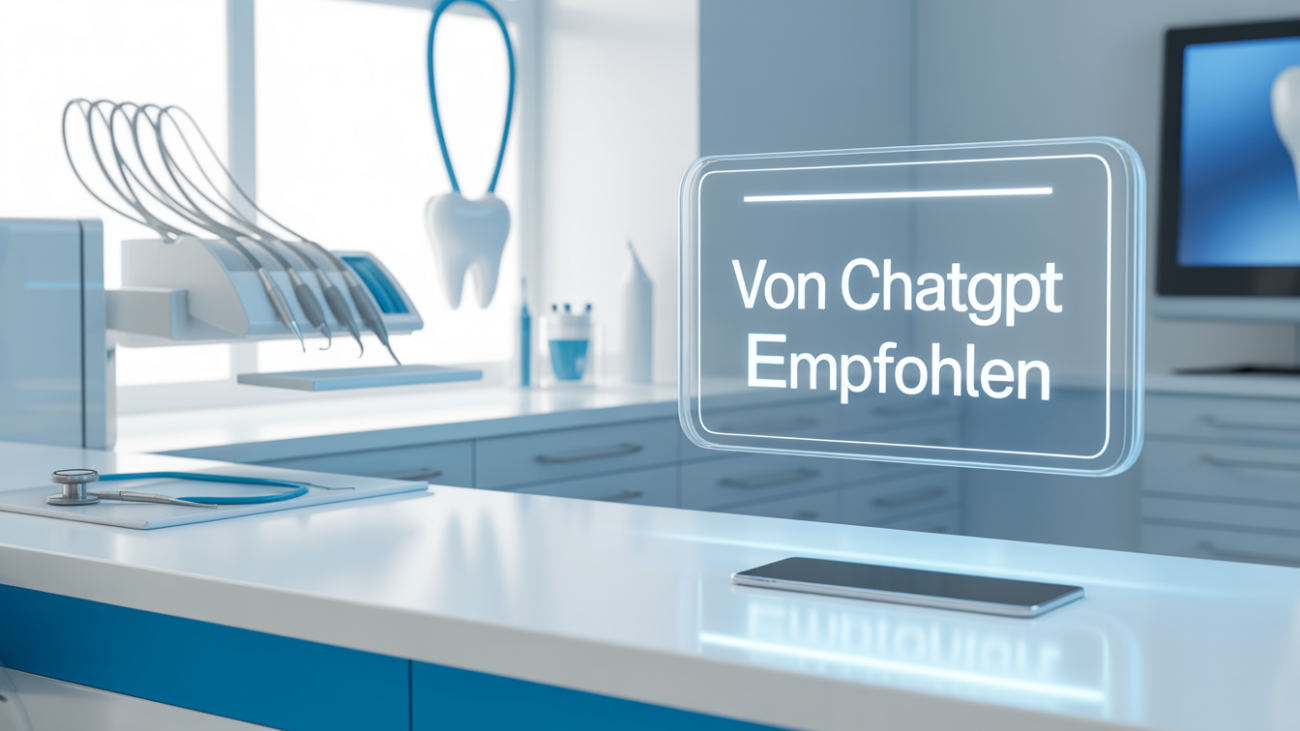 oderne Zahnarztpraxis mit holografischem Display und dem Text Von ChatGPT empfohlen als Symbol für lokale GEO-Sichtbarkeit