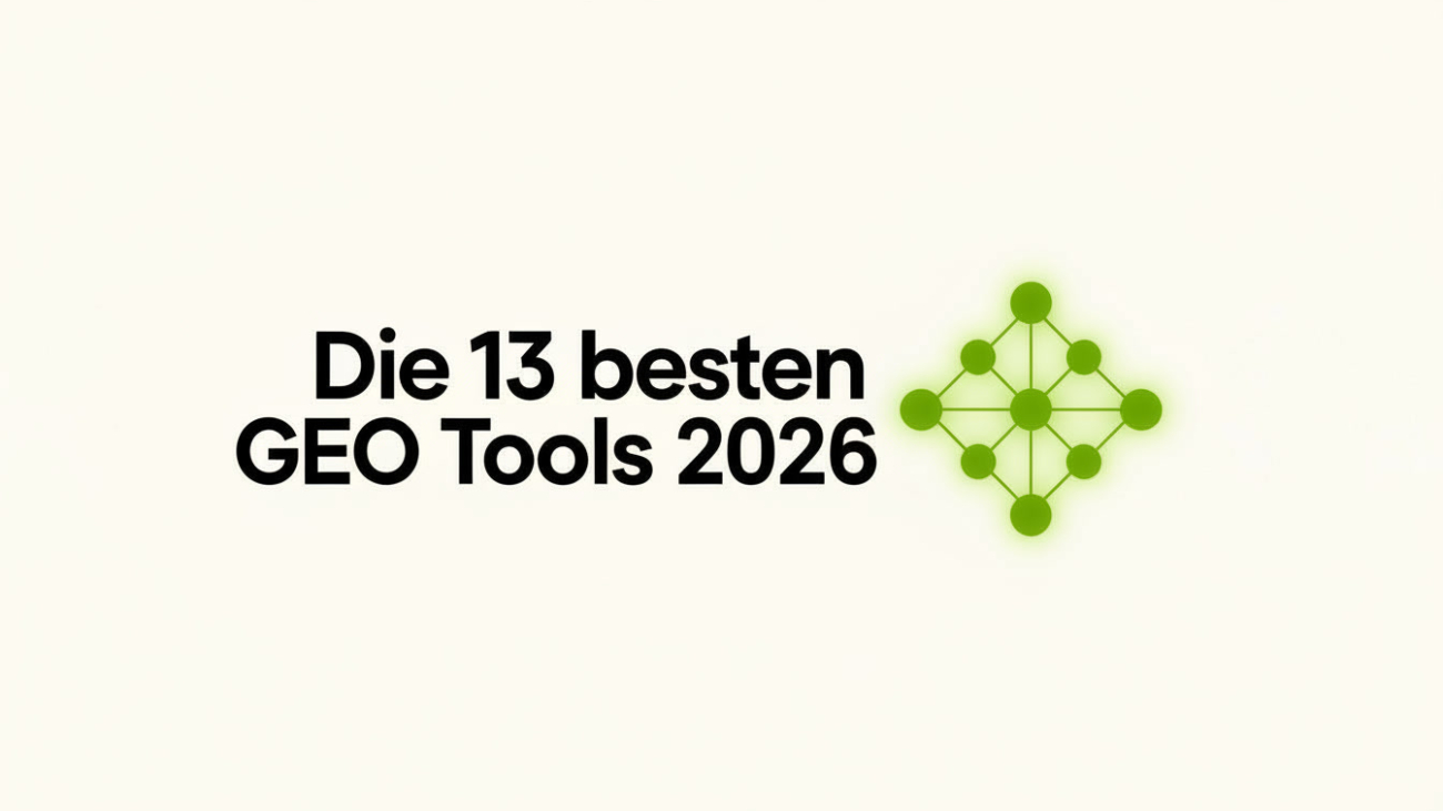 Die 13 besten GEO Tools 2026 – Illustriertes Editorial-Bild mit grünem Knowledge Graph auf cremefarbenem Hintergrund.